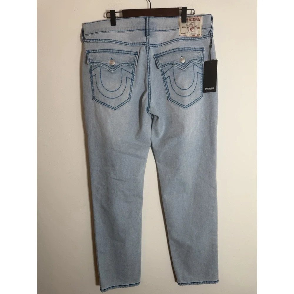 True Religion Geno Big T Flap Jeans 34x32 Light Wash Blue Tonal Stitch New